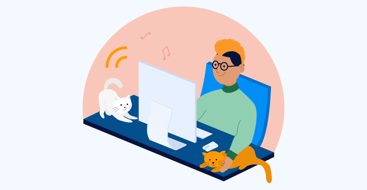 Employee working from home with his cute cats