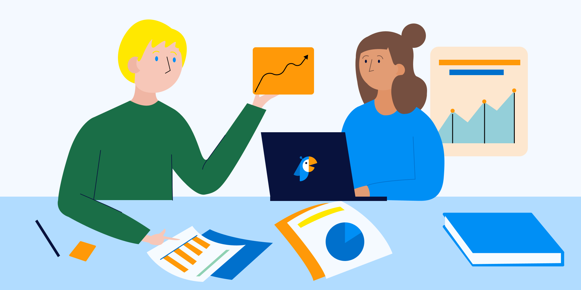 Surveys in Slack: illustration of employees working together
