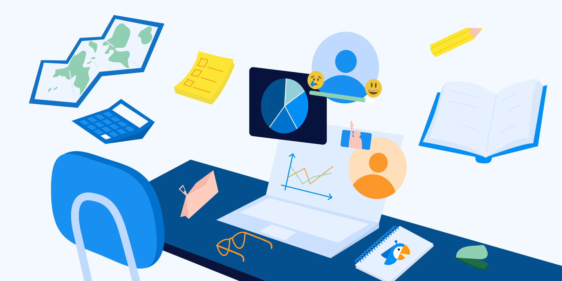 Illustration of a learning workspace with a laptop, charts, notes, and a live video lesson