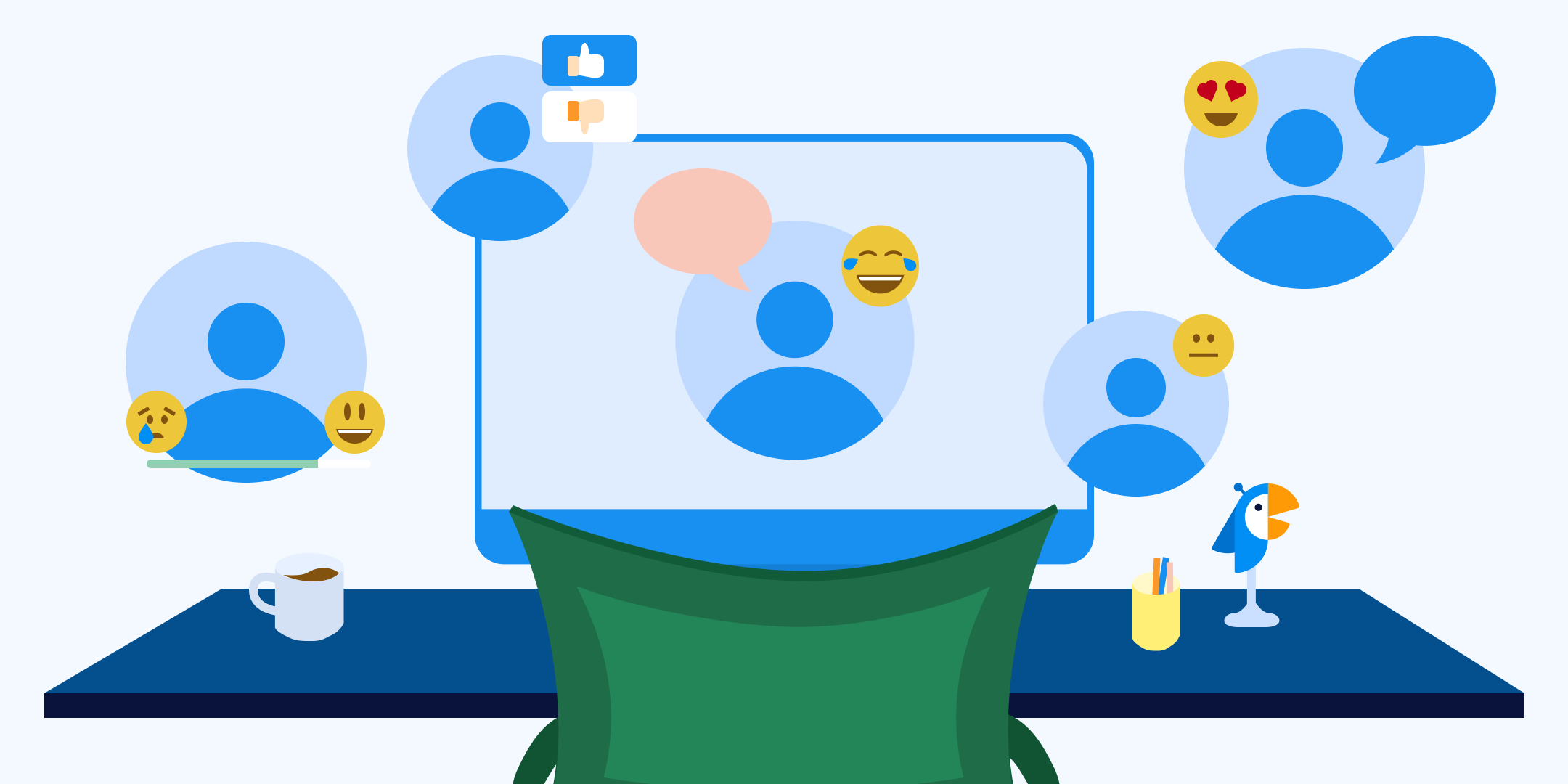 Illustration of a video meeting where participants react and respond through Polly