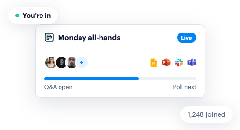 A live Monday all-hands session in Polly with Q&A open and 1,248 people joined