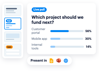 A live poll in a presentation asking which project to fund next, presentable in Google Slides, PowerPoint, or the web