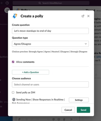Surveys in Slack: screenshot of Create a polly