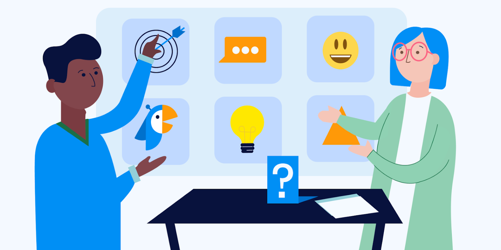 Culture of feedback: employees pointing at icons
