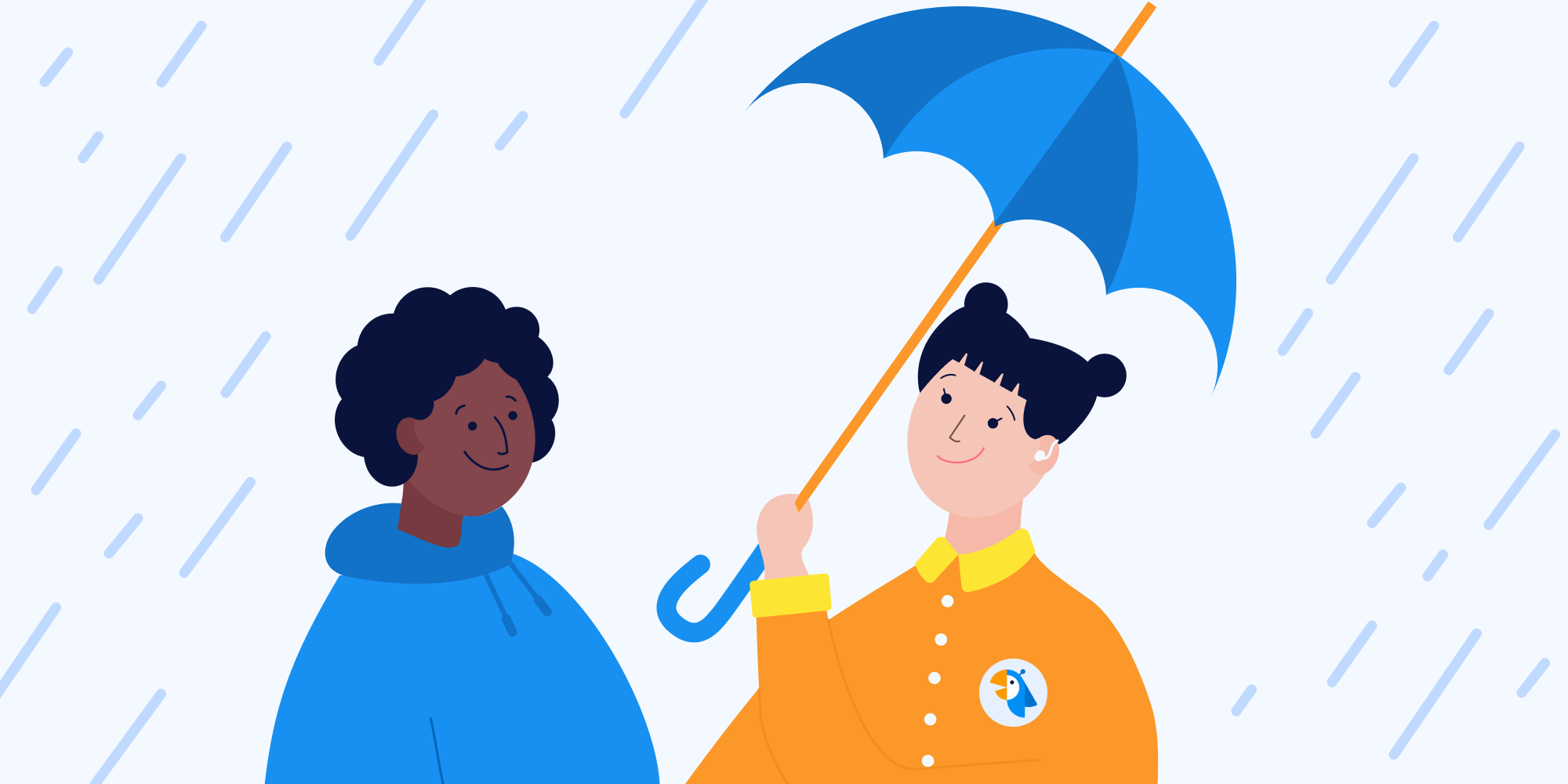 How to be a good manager: illustration of a manager and an employee using an umbrella